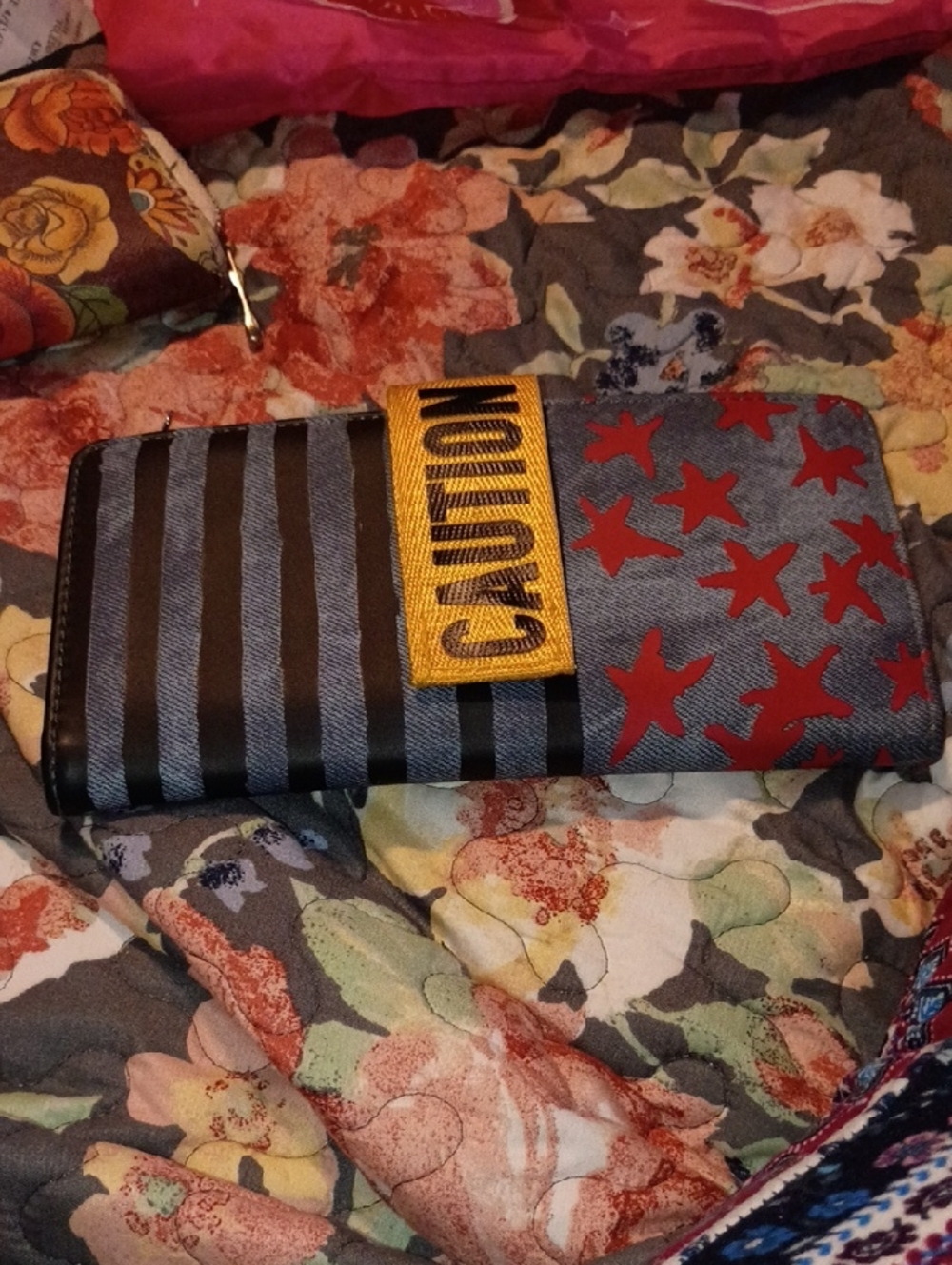 Caution Stripe & Star Print Denim Wallet - Blue/Red